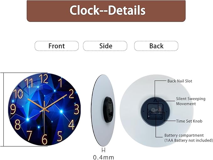 Blue Wall Clock Battery Operated 16 Inch Analog Glass Wall Clock Non Ticking Large Wall Clocks for Living Room Decor