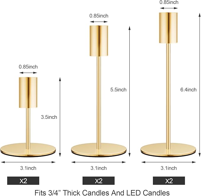 Set of 6 French Gold Taper Candle Holders Candlestick Holders, Decor Candle Stick Candle Holder for Table or Mantel Centerpiece, Wedding, Dinning, Party Home Decor