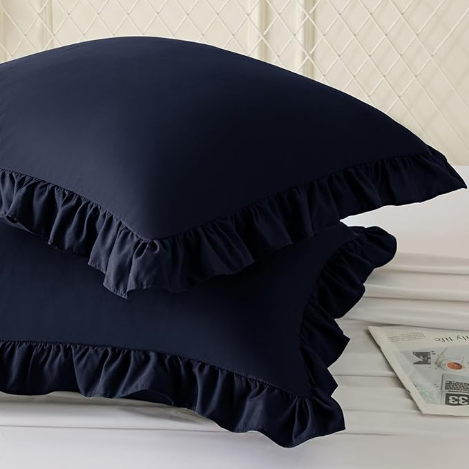 KKJIAF Ruffle Pillow Cases 18x18 Inches, Navy Blue Square Ruffled Pillow Covers Set of 2, Microfiber Wrinkle Resistant Pillow Shams with Envelope Closure for Sofa Bed Living Room