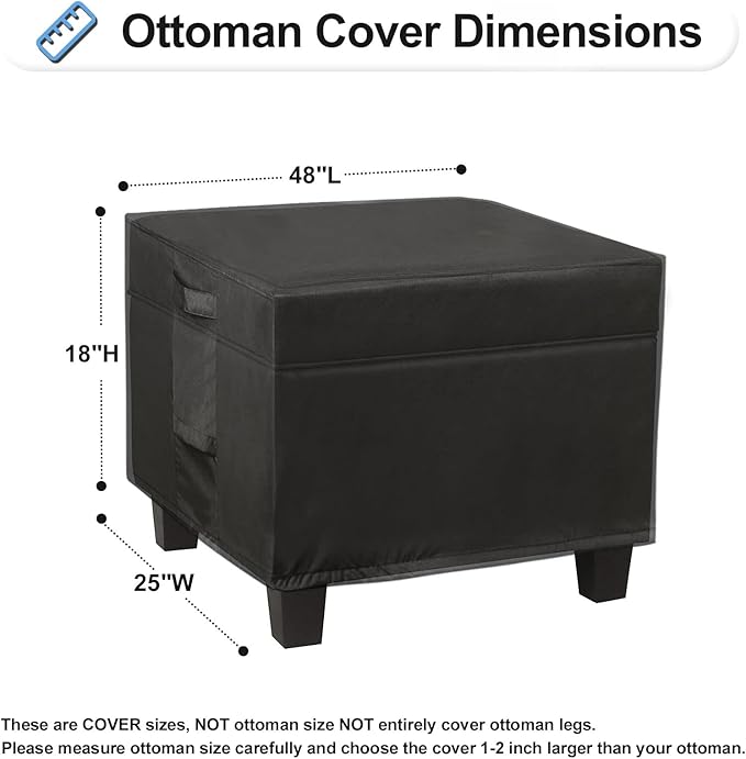 OutdoorLines Outdoor Waterproof Patio Ottoman Covers - Rectangle UV-Proof Patio Side Table Cover Windproof Heavy-Duty Furniture Covering Protector 48L x 25W x 18H Inch, Black