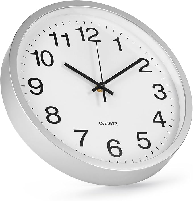 Wall Clock Modern Simple Style Round Plastic Decor Clock Non-Ticking Silent Quartz Movement Wall Clocks for Home/Office/School/Living Room/Bedroom/Kitchen (Silver, 12 Inch)
