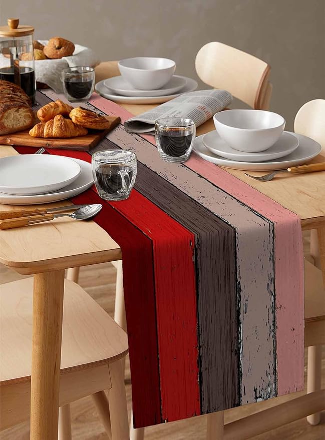Farmhouse Cotton Linen Table Runner Dresser Scarf Retro Rustic Barn Wood Texture Ombre Christmas Red Brown Non-Slip Rectangle Settings Decoration for Kitchen Home Dining Holiday, 18x72 inch