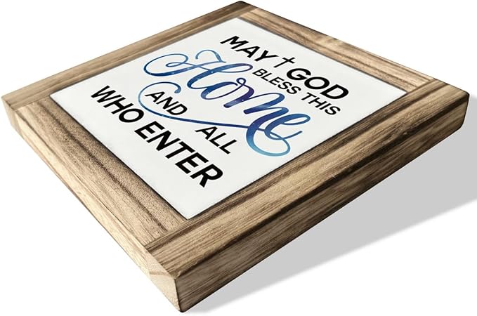 Christian Sign, Box Wood Plaques Desk Décor, Rustic Family Sign, Encouragement Christian Table and Home Decor, Farmhouse Decor for Shelf, May God Bless This Home and All Who Enter Sign
