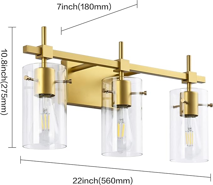 SOLFART Gold 3 Lights Bathroom Light Fixtures for Mirror Vanity Lights Bathroom Vanity Light Wall Sconce
