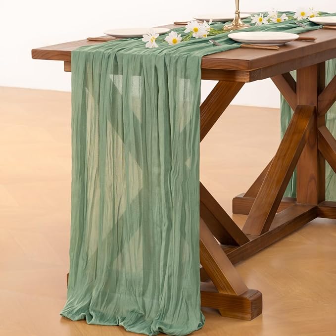 Socomi 6pcs Sage Green Cheesecloth Table Runner Valentine's Day Boho Rustic Gauze 120 inch 10FT Cheese Cloth Runner for Wedding Party Baby Shower Home Decor Holiday Decorations