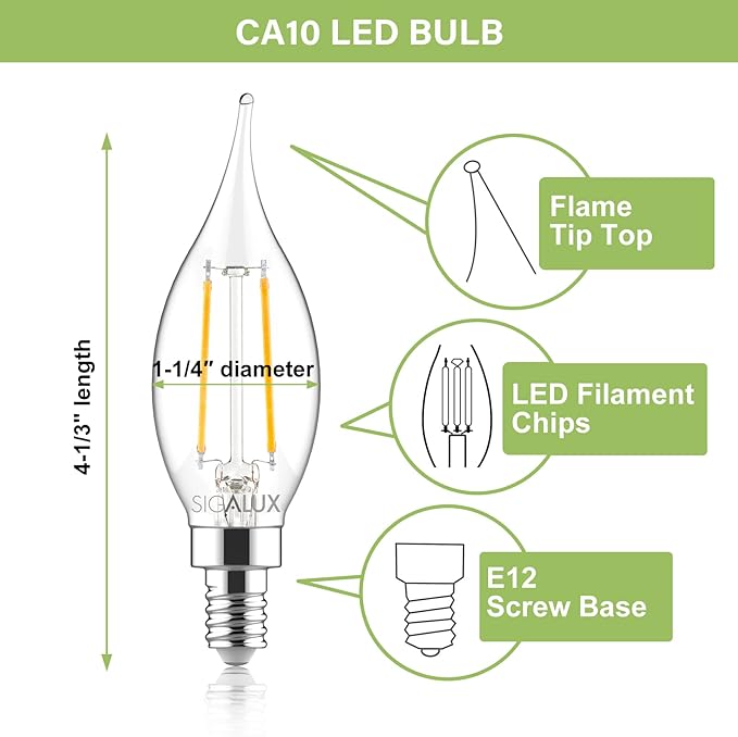 Sigalux Candelabra LED Light Bulbs Dimmable, E12 40 Watt Chandelier,5000K Daylight,300LM CA10 Flame Tip Candle for Chandeliers, Ceiling Fan, Pendant, 6 Pack