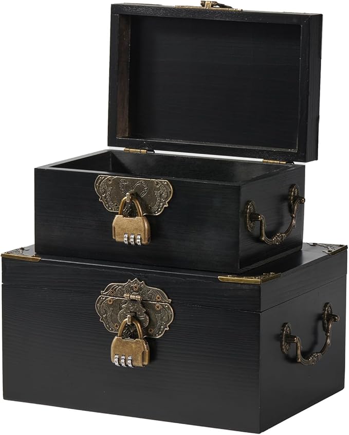 2PCS Wooden Decorative Storage Box with Lids Handmade Memory Box for keepsakes Metal Handle Treasure Chest Vintage Wood Baskets with Code Lock Jewelry Box Desk Organizer Container, Black