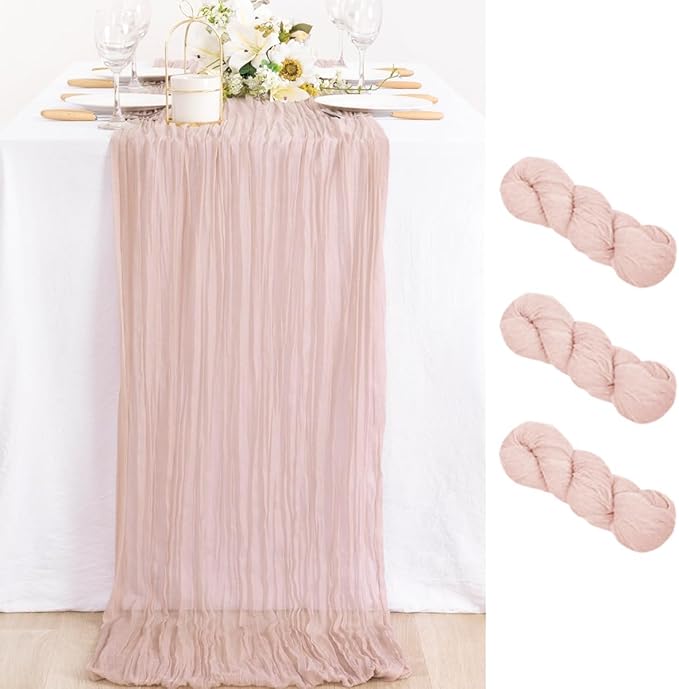 MLMC 3 Pack Pink Valentines Table Runner Dusty Pink Cheesecloth Table Runner 10ft Rustic Gauze Cheese Cloth Centerpiece Decor 35x120 Inches for Wedding Bridal Baby Shower Birthday Party Decor