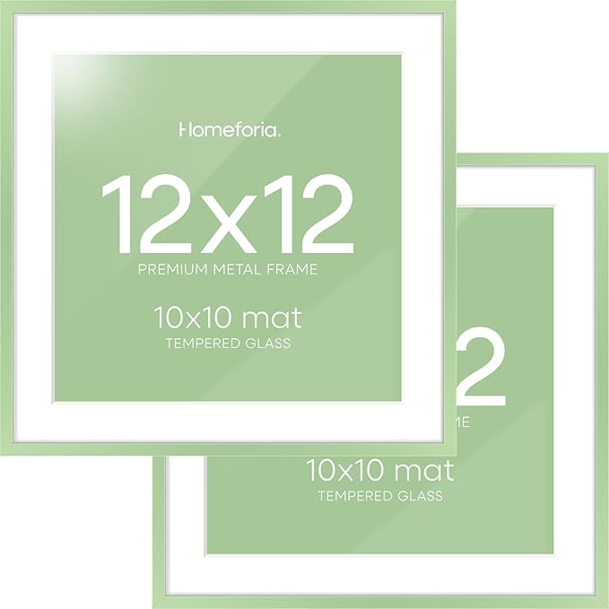 Homeforia 12x12 Picture Frame Sage Green, High End Metal 12 x 12 Square Poster Frame with Mat 10 x 10 Photo, 12x12 Frame Matted to 10x10 Print, 12by12 Hanging Frame, Tempered Glass, Wall Kit, Set of 2
