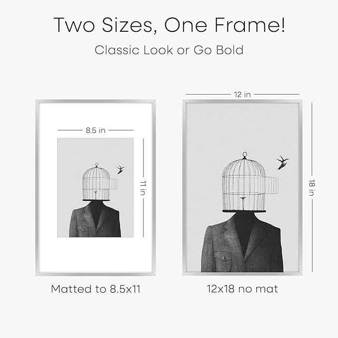 Homeforia 12x18 Silver Frame, High End Metal 12 x 18 Picture Frames with Mat 8.5 x 11 Photo, 18x12 Silver Poster Frame Matted to 11x8.5 Print, 18by12 Hanging Frames, Tempered Glass, Wall Kit, Set of 3
