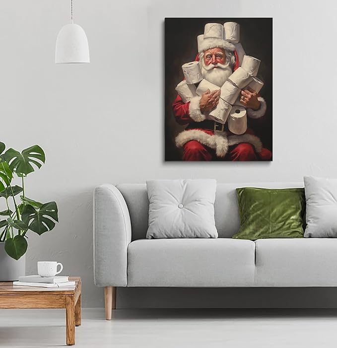 Santa Bathroom Decor, Christmas Decor, Holiday Decor, Christmas Painting, Toilet Humor Decor, Funny Toilet Poster, Santa Toilet Rolls, Santa Decor 16x20inch Framed Art