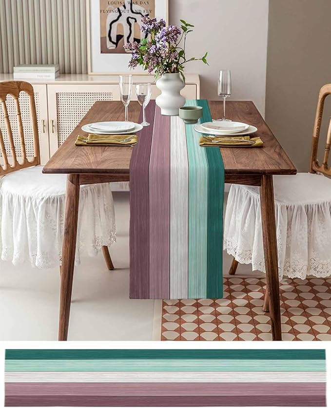 Aqua Green Purple Summer Table Runner, Nautical Coastal Beach Farmhouse Cotton Linen Holiday Table Decor for Home,Kitchen,Dining Room,Indoor,Outdoor,18X72 Inches Long, Retro Rustic Barn Wood Texture