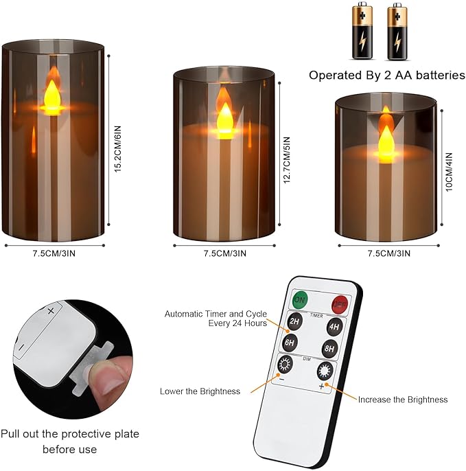 Flameless Candles 4" 5" 6" Acrylic Glass Pillars 3" Diameter Battery Operated Flickering Candles Include Remote with 24Hour Timer Function 400+ Hours by 2 AA Batteries (Gray, Warm Light 6 Pack)