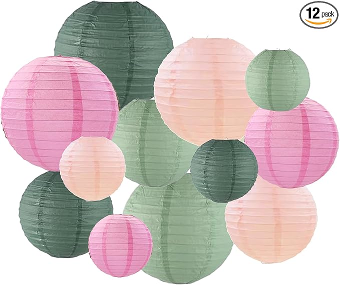 ZOOYOO Sage Green Pink Paper Lanterns,Boho Round Hanging Paper Lanterns Decoration for Birthday,Wedding,Baby Shower,Graduations,Summer Party,Home,Garden Decoration 12PCS