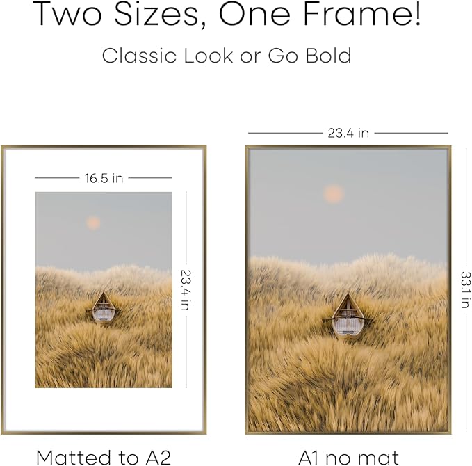 Homeforia A1 Poster Frame Bronze, High End Metal 23.4 x 33.1 inch Large Picture Frames with Mat for 16.5 x 23.4 Photo, A1 Size Brass Frame Matted to A2 Print, 23.4x33.1 Frame, Tempered Glass, Set of 2