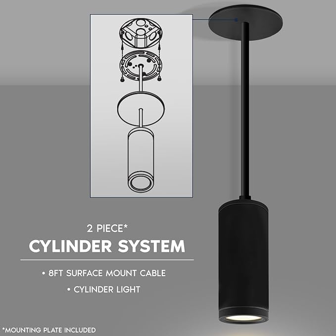 LUXRITE 2.5-Inch LED Cylinder Pendant Light with 8FT Surface Mount Cable, 5CCT 2700K-5000K Selectable, CRI90, 1100LM, 15W, TRIAC/0-10V Dimmable, Universal Voltage 120V-277V, IC Rated ETL, Black Finish