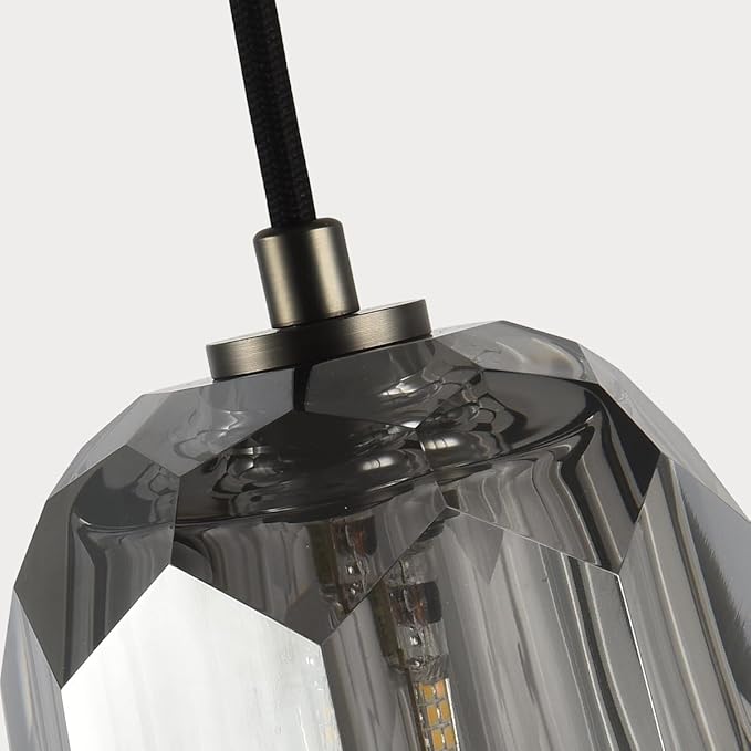 Modern Smoke Pendant Light, Brushed Black Ceiling Light Small Crystal Pendant Light Kitchen Island, Single Pendant Hanging Light Fixture for Dining Room Bathroom