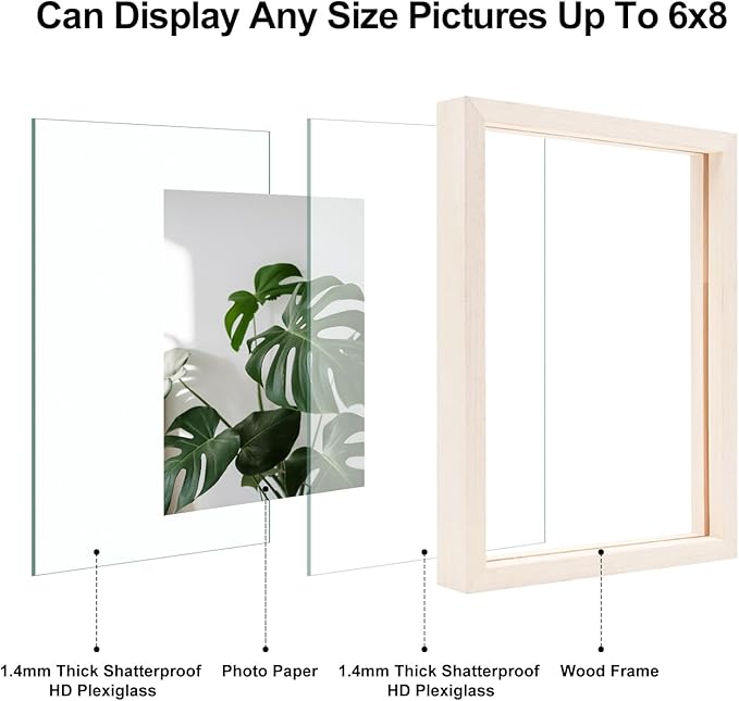 Egofine 6x8 Floating Frames Set of 2, Double Plexiglass Picture Frame, Made of Solid Wood Display Any Size Photo up to 6x8, Wall Mount or Tabletop Standing, Beige
