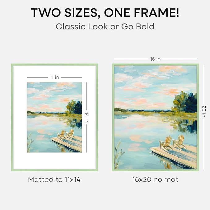 Homeforia 16x20 Sage Green Picture Frame, High End Metal 16x20 Poster Frame with Mat 11x14 inch Photo, 16 x 20 Sage Green Frame Matted to 11 by 14 Art, 20x16 Frame, Tempered Glass, Wall Kit, Set of 1