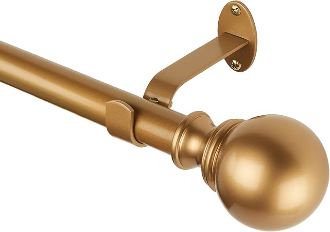 Elrene Home Fashions Cordelia Adjustable Single Curtain Rod with Globe Ball Finials, 1 Inch Diameter, Soft Gold, 48"-86"