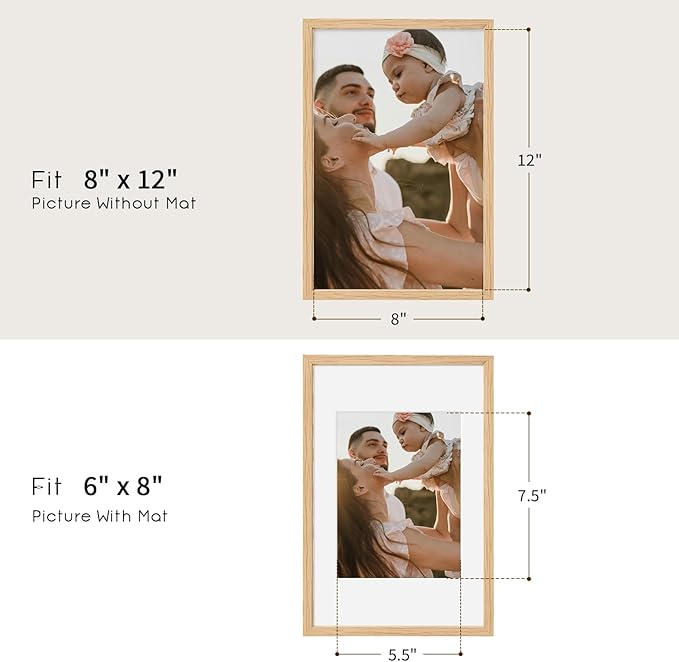 8x12 Oak Wood Picture Frams - Minimalist 8x12 Oak Wood Frames, 8"x12" Picture Frame Wood, Natural Solid Wooden Picture Frames for Wall Art Photo and Prints(3 Pack, Beige)