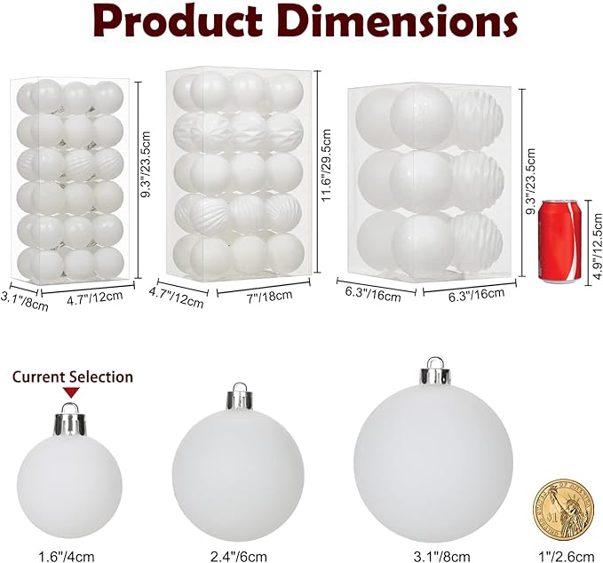 1.57" White Christmas Ornaments for Christmas Tree 36 Pcs Mini Shatterproof Balls Christmas Tree Decorations Small Xmas Ornaments Balls with Hanging Loop for Wedding Holiday Party Wreath Home Decor
