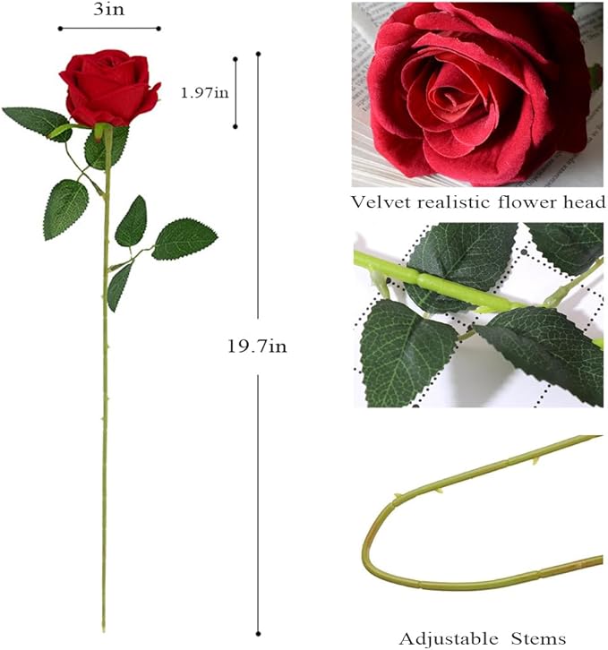 Jasion 50PCS Artificial Roses Realistic Velvet Silk Fake Flowers Long Stem Faux Flowers Bouquet for Wedding Home Party Table Centerpieces Decoration (Red)