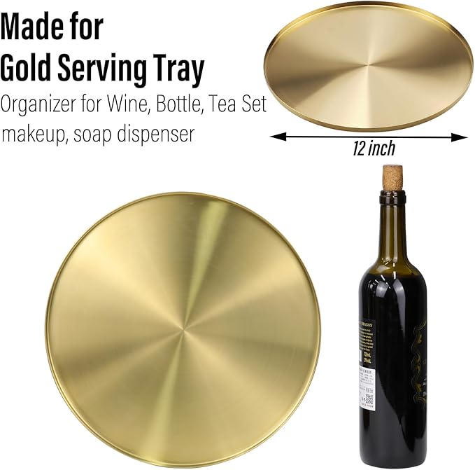 FREELOVE Gold Tray, Round Brass Serving Platter, Bar Circle Decorative Plate, Coffee Table Metal Decor Dishes, Brushed Hammered Coasters, Counter Bathroom Kitchen Dessert Cart Display Food, 12 inch