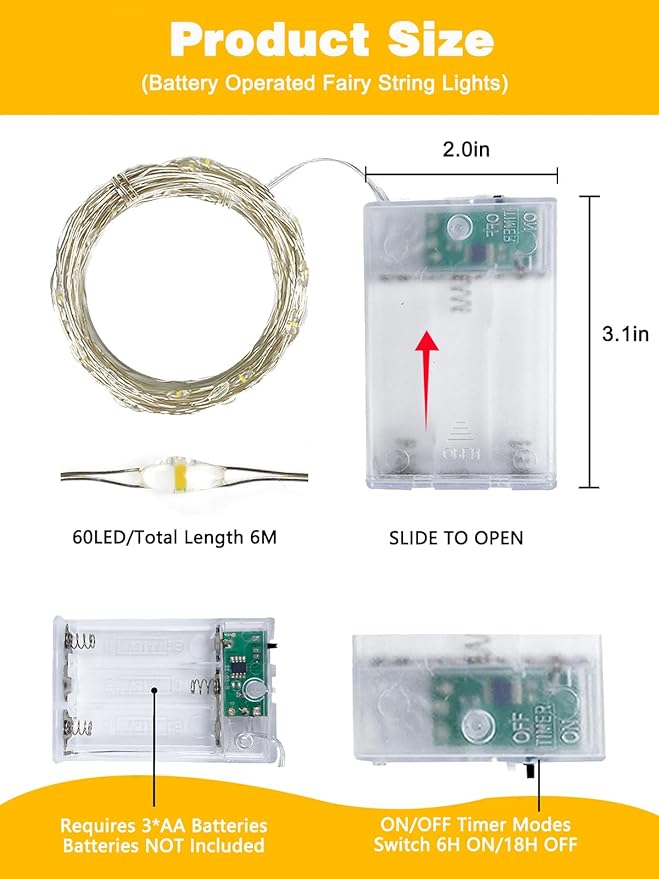 6 Pack Fairy Lights Battery Operated with Timer, Each 20FT 60LED Christmas String Lights Outdoor Indoor, Cuttable Battery Twinkle Light for Bedroom Home Wedding DIY Christmas Decorations (Warm White)
