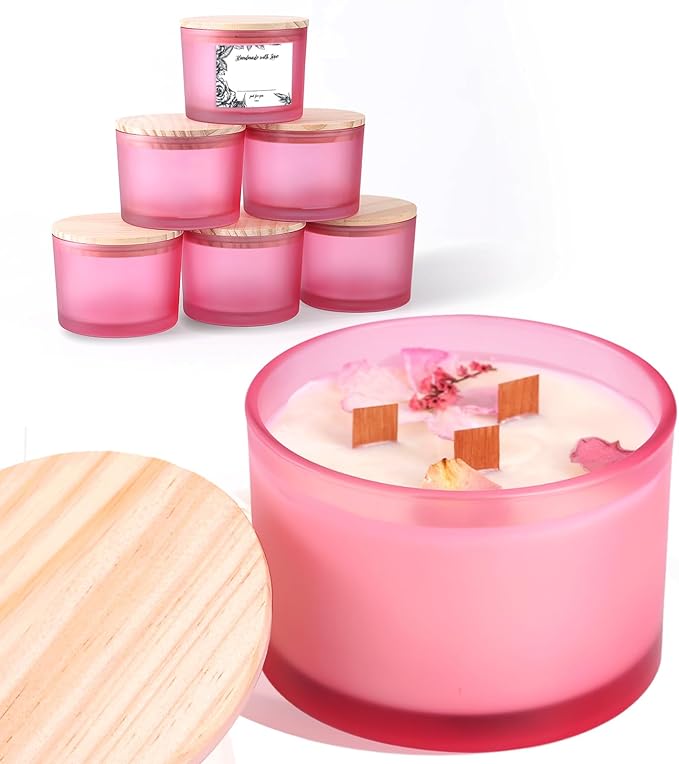 6 Pack Glass Candle Jars with Lids (16oz, Frosted Pink) - Large Candle Jars for 3 Wick Candles Making - Empty Candle Jars Containers - Candle Making Accessories include 16Pcs Candle Labels
