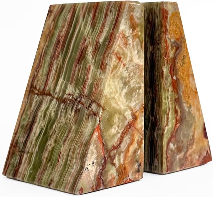 Ottimo Premium Polished Natural Marble bookends for use as Bookshelf Decor, Home, Office or Kitchen Shelves. Heavy, Triangular,and Modern Decorative Book Stopper with Anti-Slip Pads (Green Onyx)
