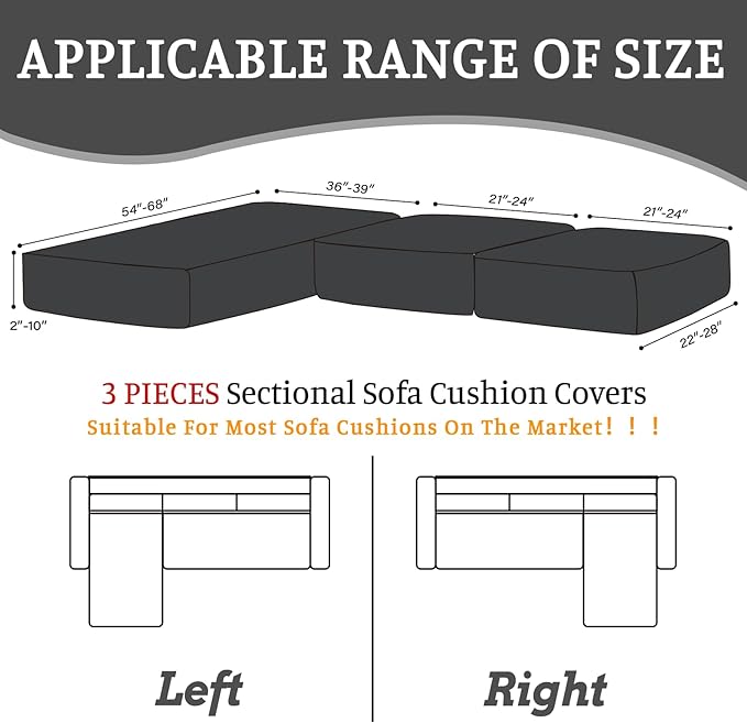 Sectional Couch Covers for Sofa Cushion L Shaped Couch Cover Washable Soft Couch Cushion Covers Stretch Sofa Slipcovers with 2 Pcs Pillowcases(3-Piece 2 Seater + 1 Chaise, Black)
