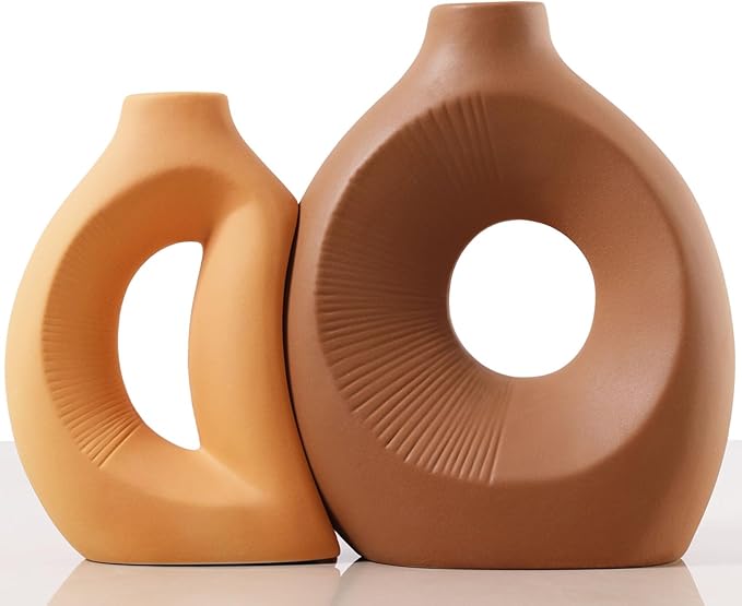 Ceramic Vase Set of 2 - Handcrafted Ceramic Vases for Home Decor & Shelf - Modern Farmhouse Decor for Kitchen, Office, Bedroom & Living Room Decorative Objects for Mantel, Table Centerpieces