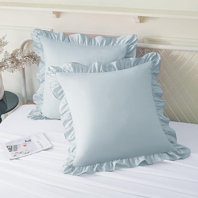KKJIAF Ruffle Pillow Cases 18x18 Inches, Dusty Blue Square Ruffled Pillow Covers Set of 2, Microfiber Wrinkle Resistant Pillow Shams with Envelope Closure for Sofa Bed Living Room