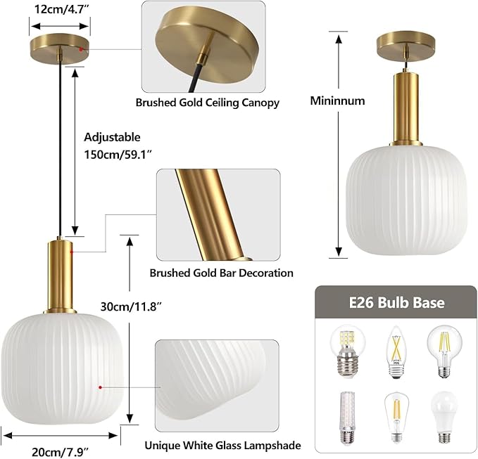 KCO Lighting Milk Glass Pendant Light White Ribbed Glass Pendant Lighting Antique Brass Pendant Lights Small White and Gold Pendant Light Fixture Modern Globe Hanging Lamp
