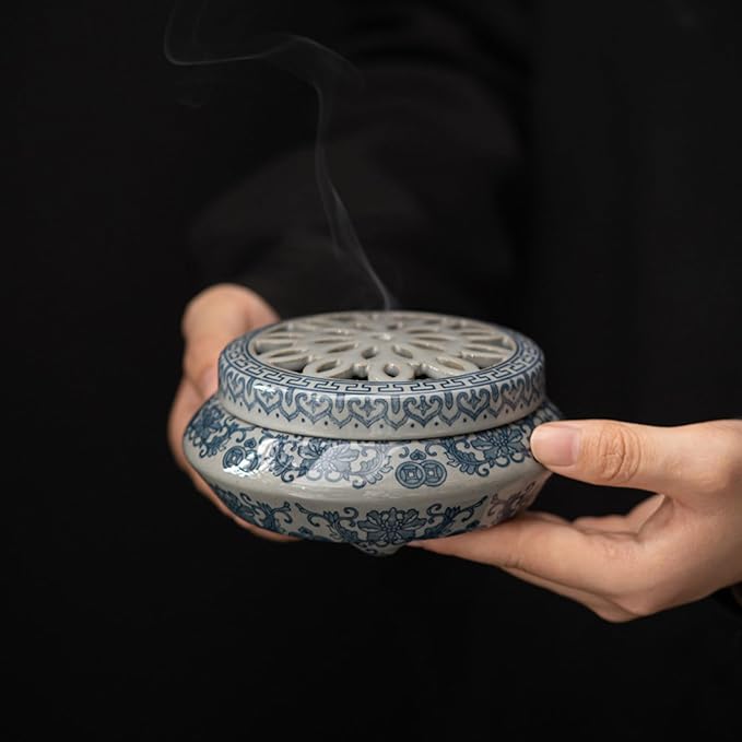 Coil Incense Holder Blue and White Porcelain Incense Cone Burner Spherical Shape for Coil Incense and Incense Cone Set for Office Yoga and Livingroom Decor Home (Width-4.66)