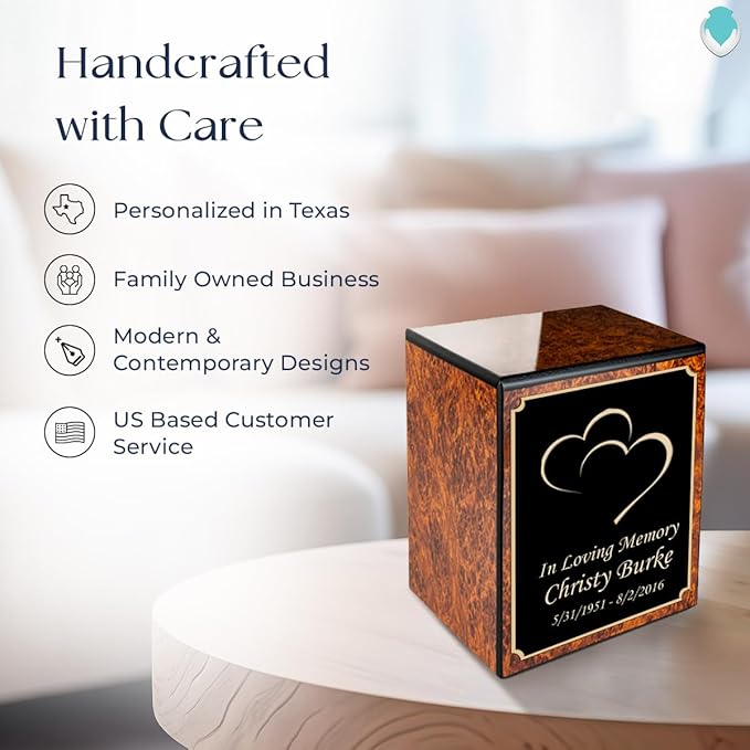 GetUrns Custom Heart Small Urn Box for Human Ashes I Personalized Wooden Keepsake Cremation Urn for Male or Female I Burl Wood Memorial Box I 40lbs