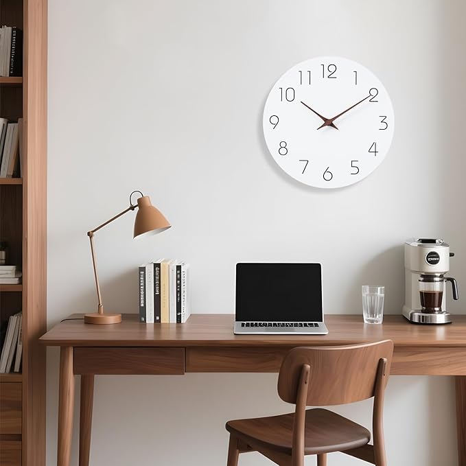 Mosewa Wall Clock Battery Operated 8 Inch White Silent Non Ticking Simple Minimalist Wooden Decorative for Kitchen Bathroom Bedroom Living Room Office