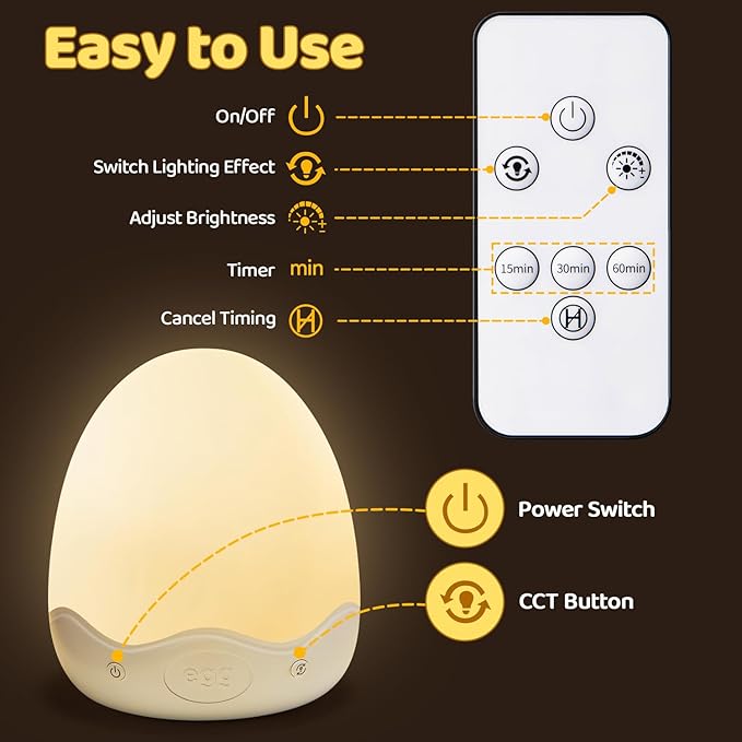 Baby Night Light for Kids,10 Brightness+10 Colors Egg Light for Nursery,Touch+Remote+3600mAh Rechargeable Egg Night Light for Baby Nursery,Warm Light for Breastfeeding 1h Timer&Portable,Newborn Gifts