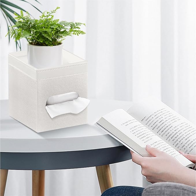 Tissue Box Cover Square, PU Leather Tissue Cube Box Holder with Storage Valet Tray, Decorative Tissue Holders, Modern Tissues Case Napkin Dispenser Facial Paper Organizer for Bathroom Vanity