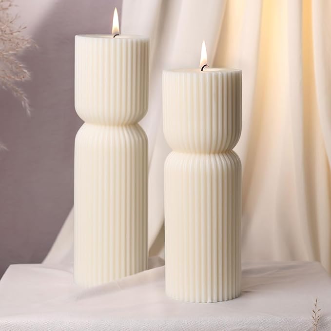 Large Hourglass Pillar Candles,2 Pack Sandalwood Scented Handmade Pillar Candles,Natural Soy Wax,Smokeless,Cream White Elegant Candle for Meditation,Shelf & Table Decor Housewarming Gift