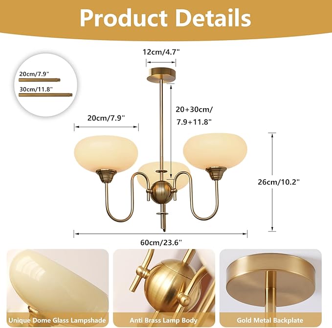 BOKT Modern Gold Globe Chandelier Light Fixture Mid Century 3-Lights Large Glass Sputnik Chandelier Pendant Light Anti Brass Sputnik Flush Mount Ceiling Light Vintage Kitchen Dining Light