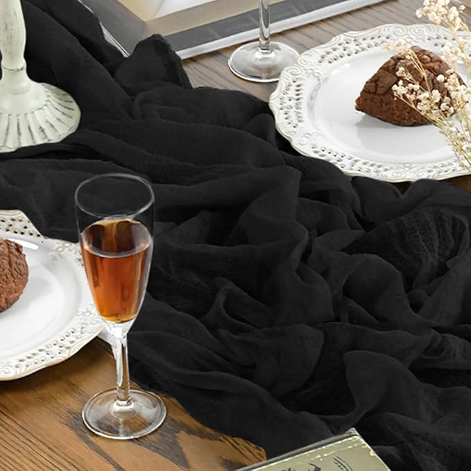 Artoid Mode Boho Cheesecloth Gauze Black Wedding Table Runner, 120 Inch Seasonal Fabric Kitchen Dining Holiday Table Decor for Home Party Indoor