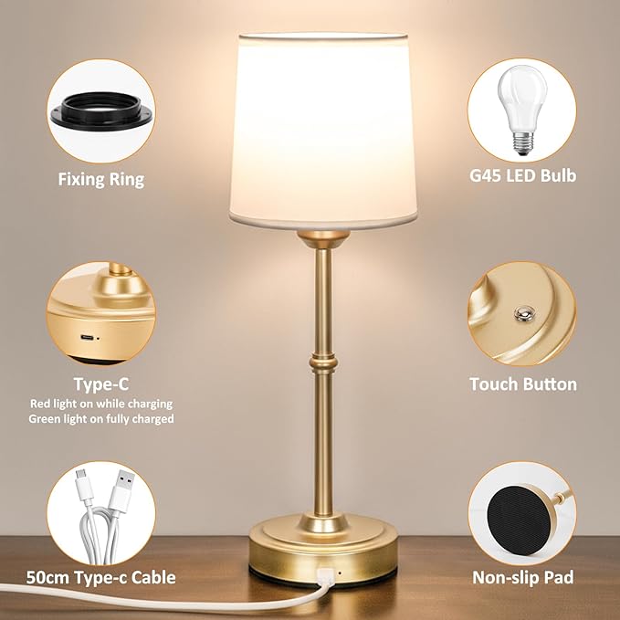Beside Table Lamp Gold, 6000mAh Battery Powered Table Light, Wireless Nightstand Lamp for Bedroom/Living Room/Restaurant/Counter/Patio/Home Bar