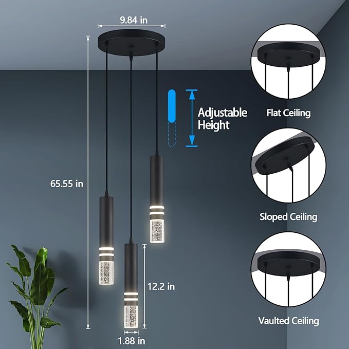 Pendant Lights Kitchen Island, Crystal Pendant Light Fixtures Mini 18W LED Modern Kitchen Pendant Lighting Over Sink and Living Room and Bedroom (Black 3 Light)