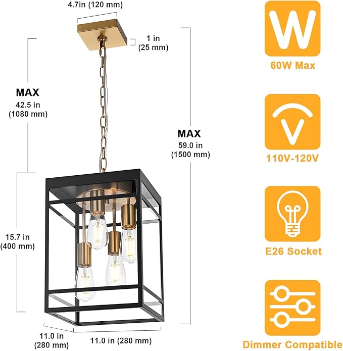 4-Light Outdoor Pendant Lights for Porch, Black & Brushed Brass Outdoor Chandelier 15.7'' Exterior Hanging Porch Light Fixtures w/Clear Glass, Waterproof Outside Pendant Lantern for Garage