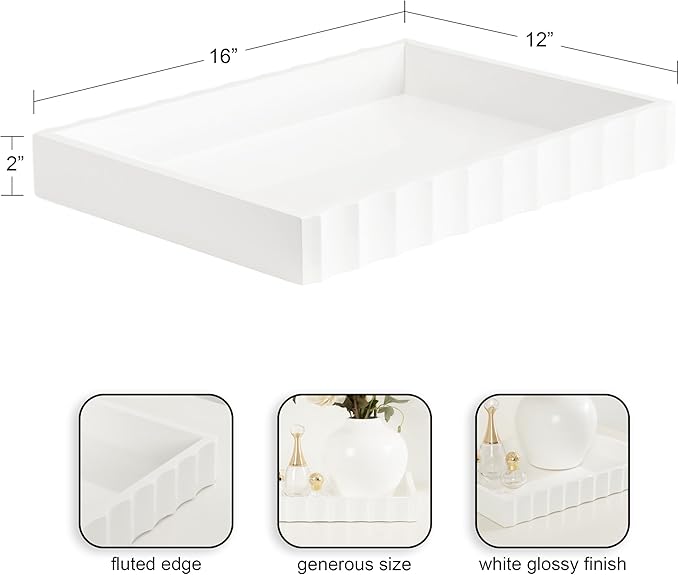 Kate and Laurel Lissi Decorative Rectangle Tray with Wavy Design, 16 x 12, White, Modern Scalloped Serving Tray for Coffee Table Ottoman, Dining Table, or Entryway Catch-All Tray