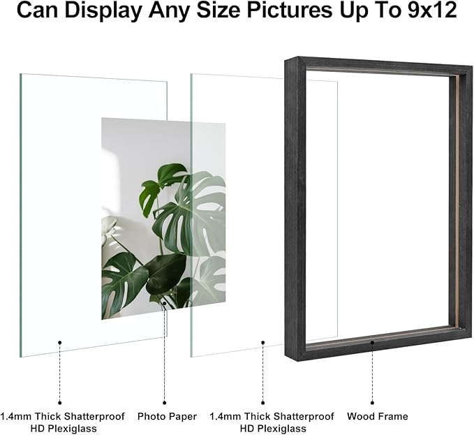 Egofine 9x12 Floating Frames Set of 2, Double Plexiglass Picture Frame, Made of Solid Wood Display Any Size Photo up to 9x12, Wall Mount or Tabletop Standing, Faded Black