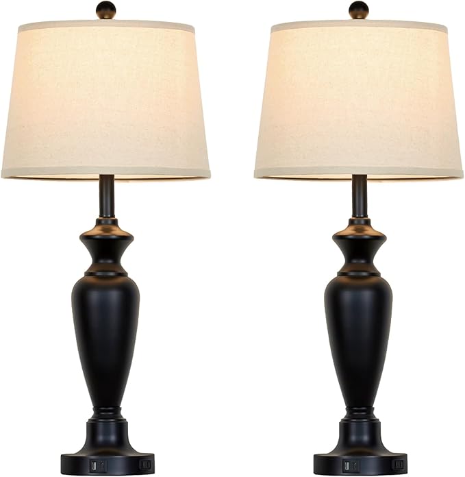 30" Tall Table Lamps Set of 2, Touch Control Bedside Lamp with USB A+C Ports and AC Outlet, 3-Way Dimmable Modern Metal Nightstand Lamp for Bedroom Living Room, 2 LED Bulbs Included, Black
