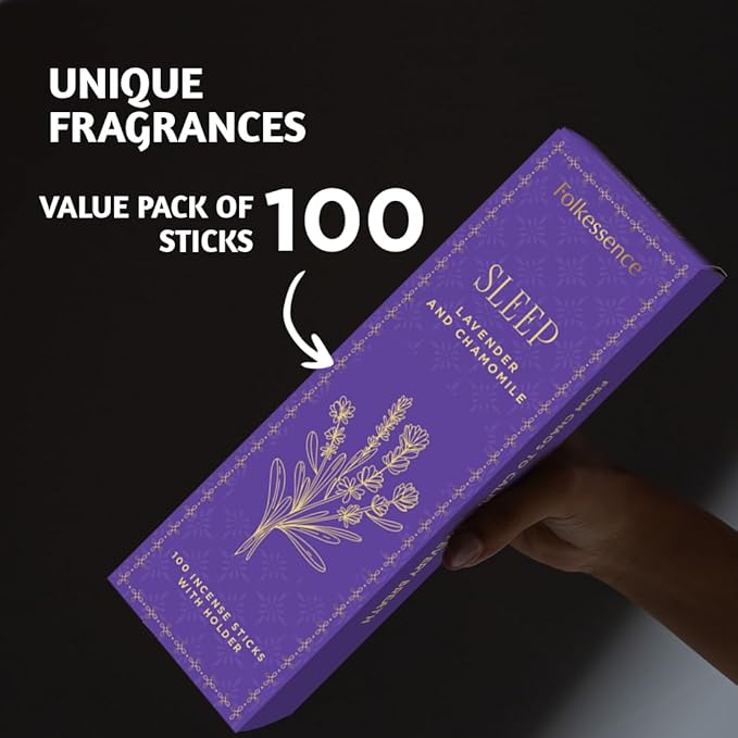 Folkulture Incense Sticks | Set of 100 Insence-Sticks with Holder for Relaxation | Lavender & Chamomile Incense | Organic, Slow Burning, Non Toxic Inscents for Meditation for Women
